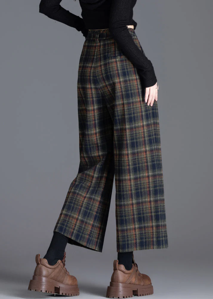Boutique Khaki Oversized Plaid Woolen Crop Pants Trousers Spring - Image 5