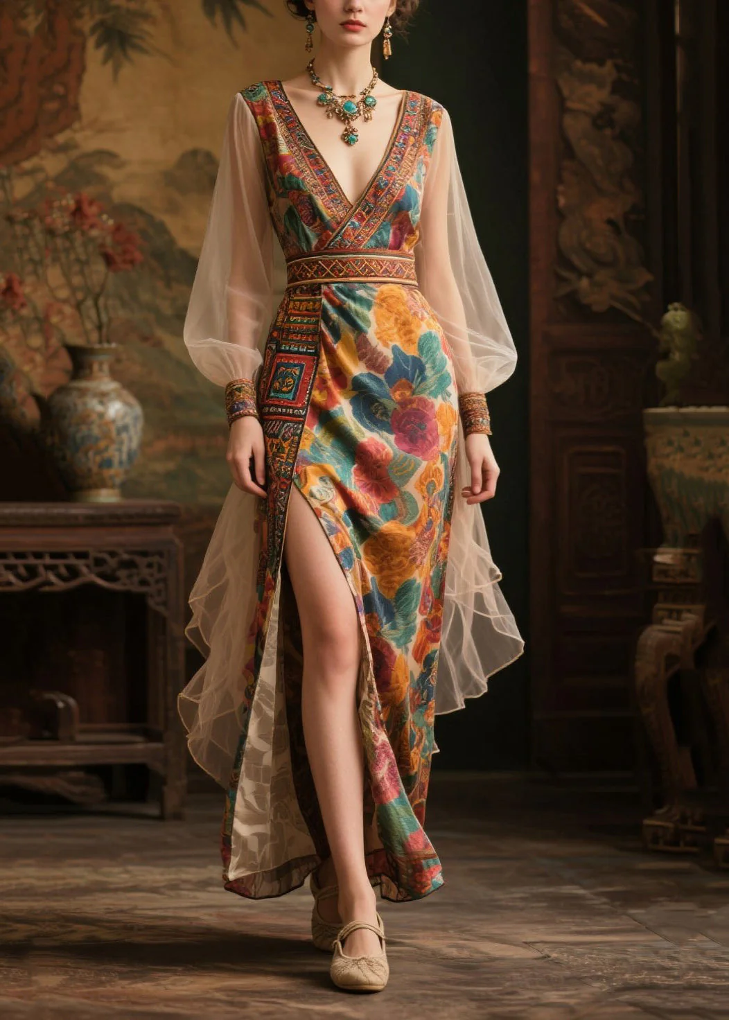 Boutique Khaki Print Side Open Chiffon Dresses Summer - Image 3