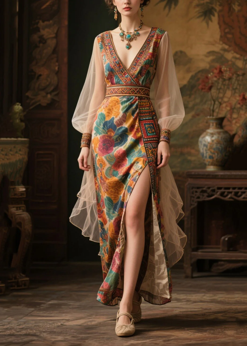 Boutique Khaki Print Side Open Chiffon Dresses Summer - Image 5