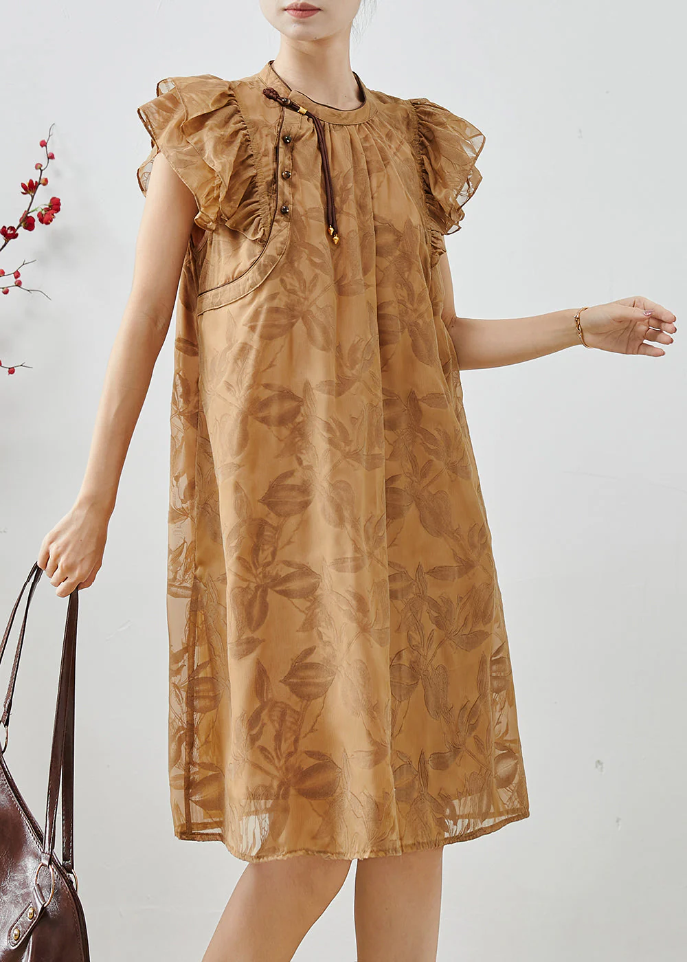 Boutique Khaki Tasseled Print Silk Day Dress Butterfly Sleeve - Image 2