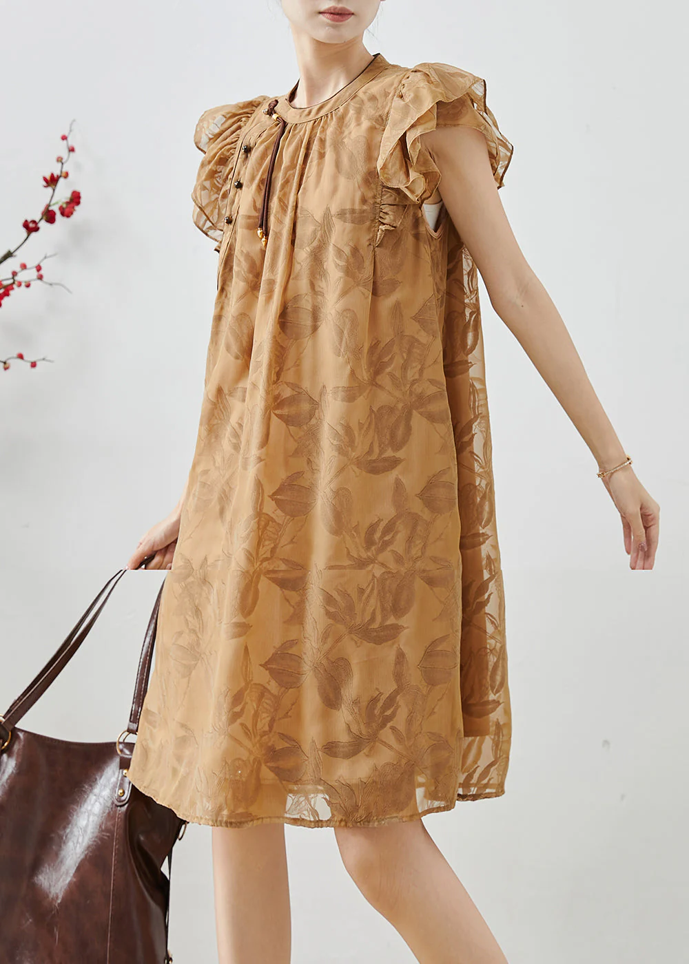 Boutique Khaki Tasseled Print Silk Day Dress Butterfly Sleeve - Image 3