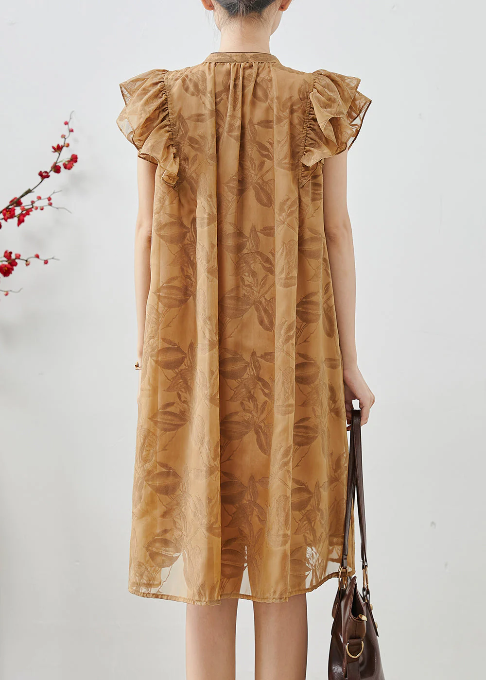 Boutique Khaki Tasseled Print Silk Day Dress Butterfly Sleeve - Image 4