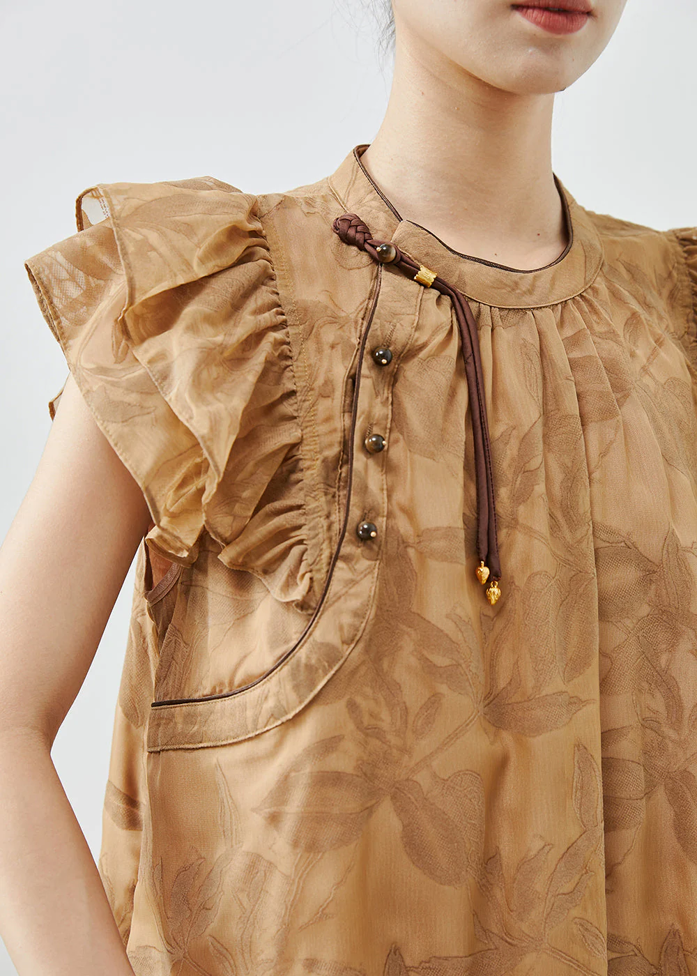 Boutique Khaki Tasseled Print Silk Day Dress Butterfly Sleeve - Image 5