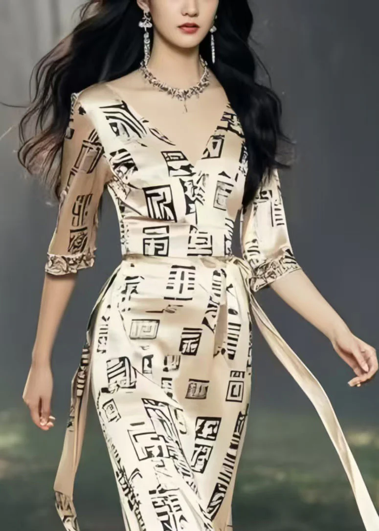 Boutique Khaki Tie Waist Print Silk Long Dresses Half Sleeve - Image 2