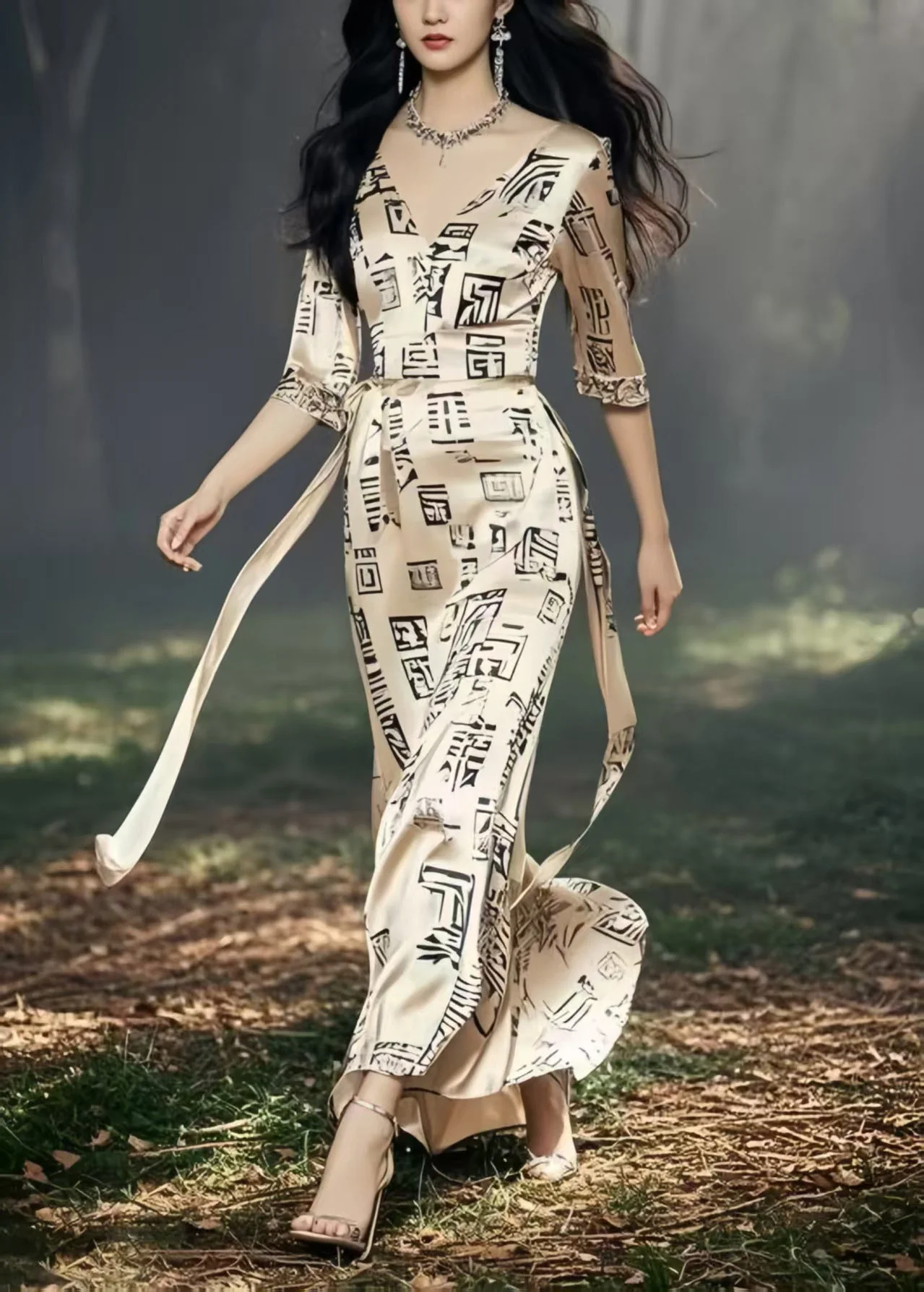 Boutique Khaki Tie Waist Print Silk Long Dresses Half Sleeve - Image 3