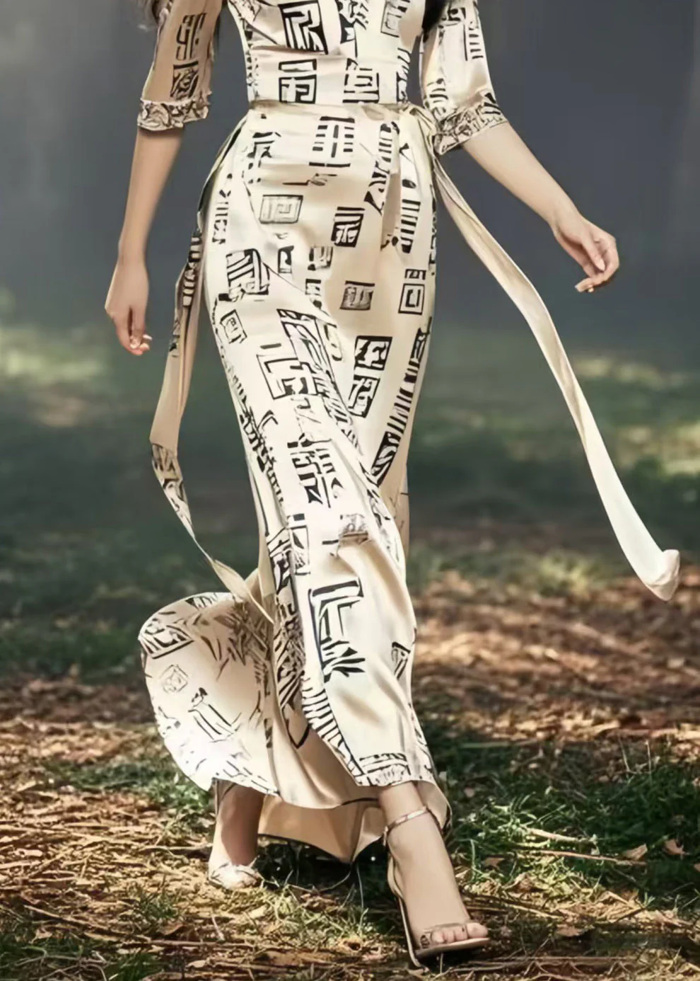 Boutique Khaki Tie Waist Print Silk Long Dresses Half Sleeve - Image 4