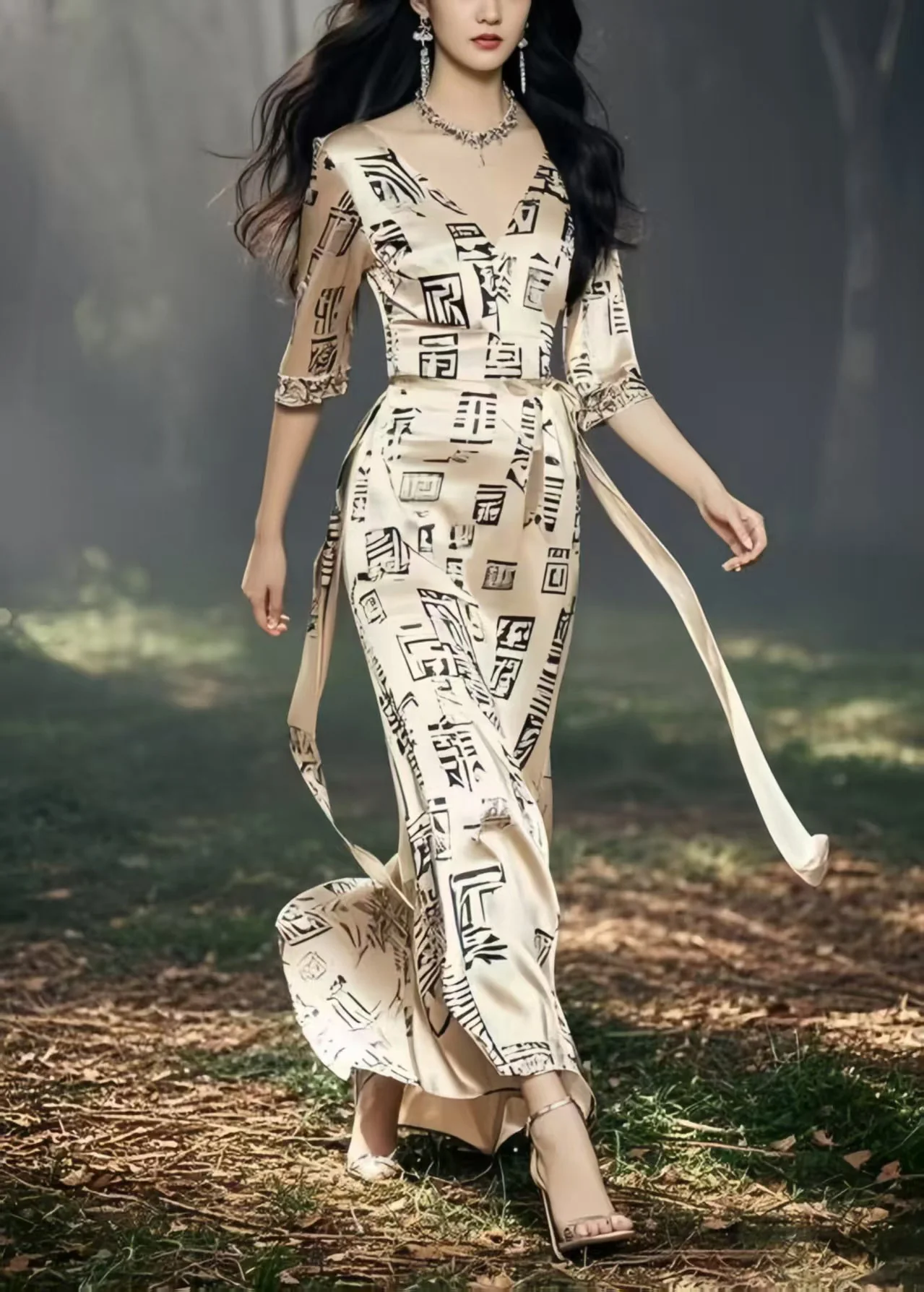 Boutique Khaki Tie Waist Print Silk Long Dresses Half Sleeve - Image 5