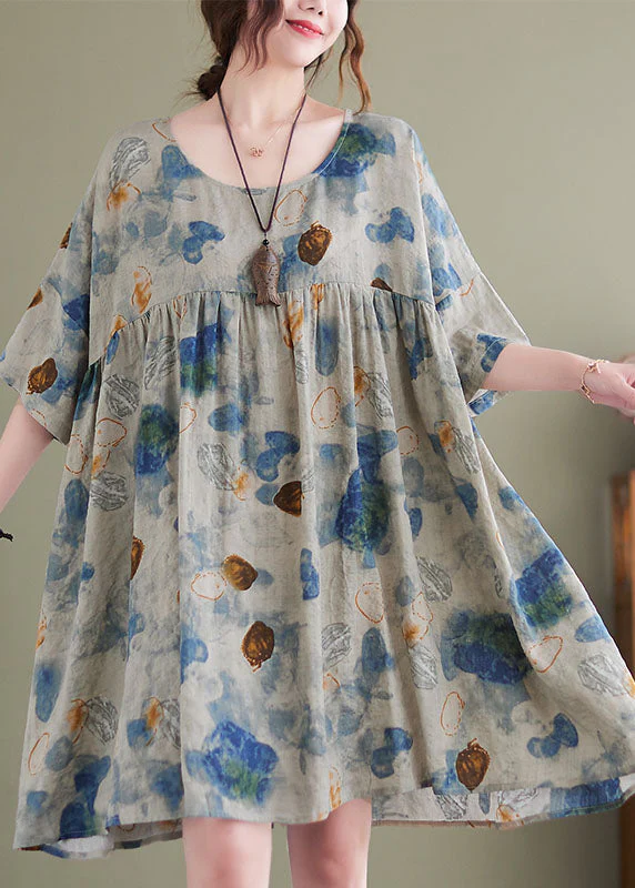 Boutique Lake Blue O-Neck Wrinkled Print Linen Maxi Dresses Short Sleeve - Image 2