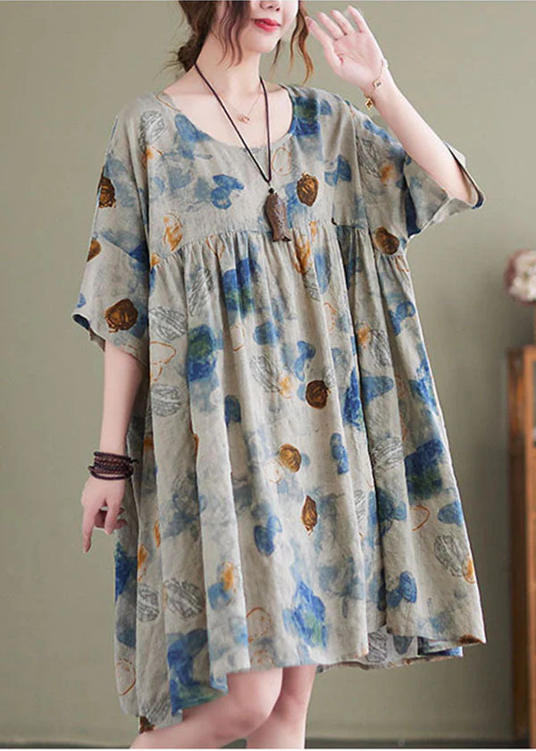 Boutique Lake Blue O-Neck Wrinkled Print Linen Maxi Dresses Short Sleeve - Image 3