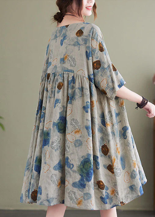 Boutique Lake Blue O-Neck Wrinkled Print Linen Maxi Dresses Short Sleeve - Image 4