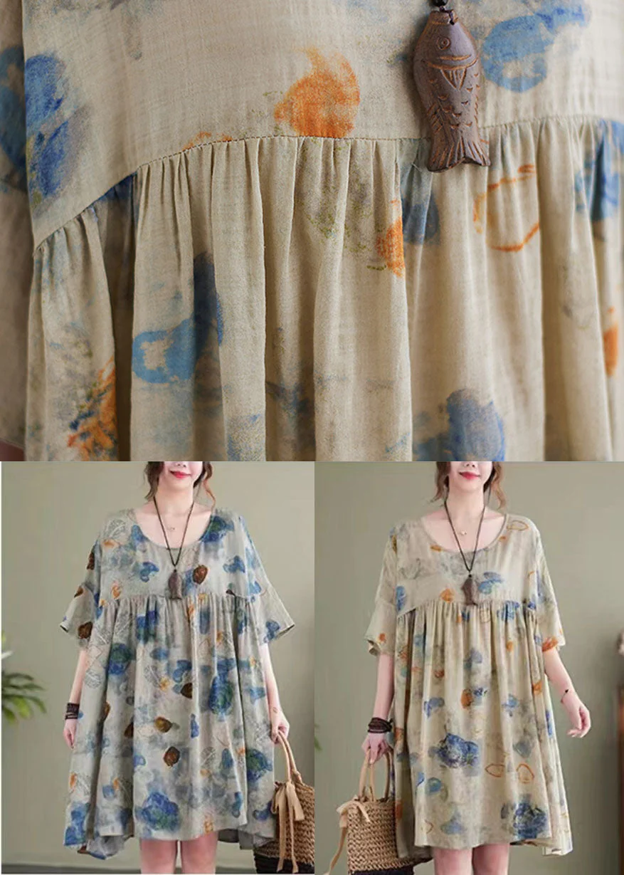 Boutique Lake Blue O-Neck Wrinkled Print Linen Maxi Dresses Short Sleeve - Image 5