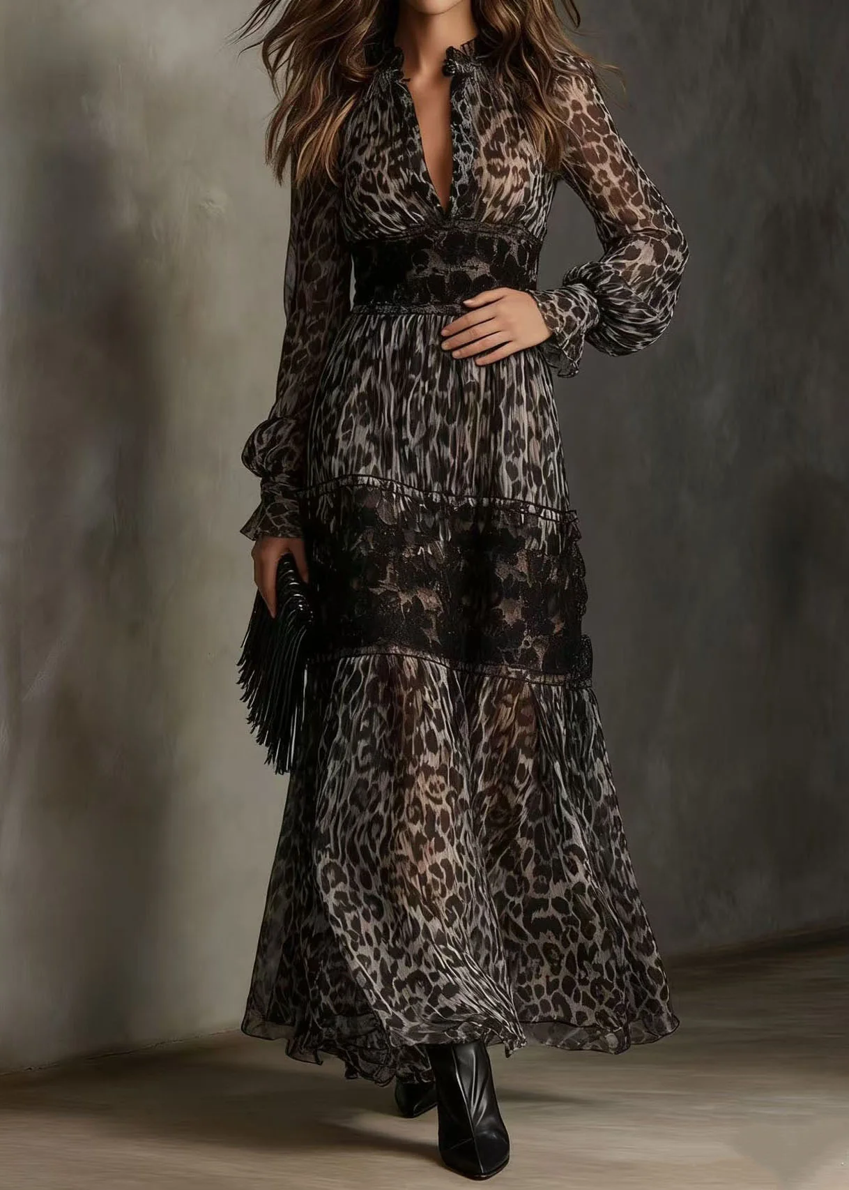 Boutique Leopard V Neck Print Lace Chiffon Ankle Dress Summer - Image 2