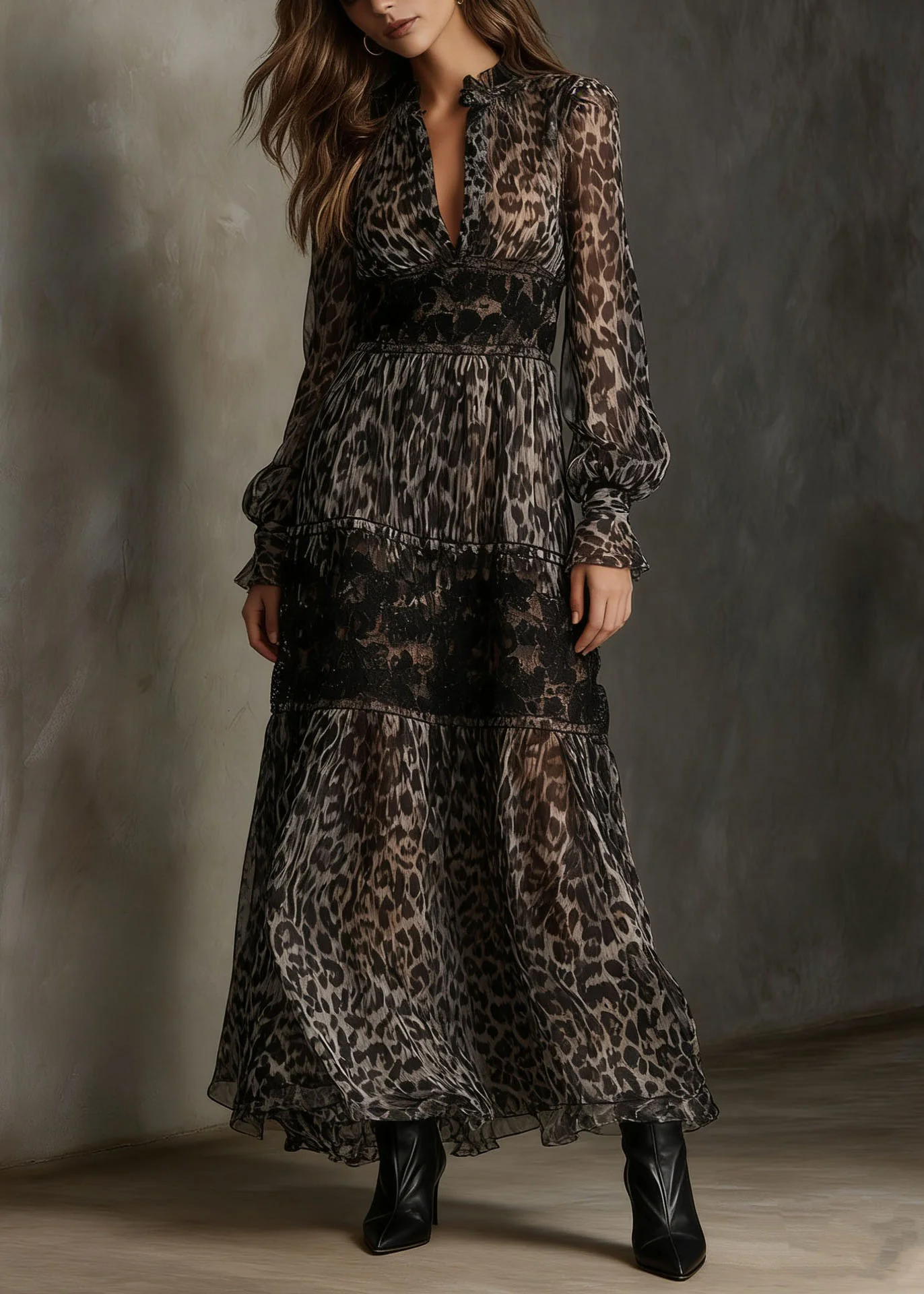 Boutique Leopard V Neck Print Lace Chiffon Ankle Dress Summer - Image 3