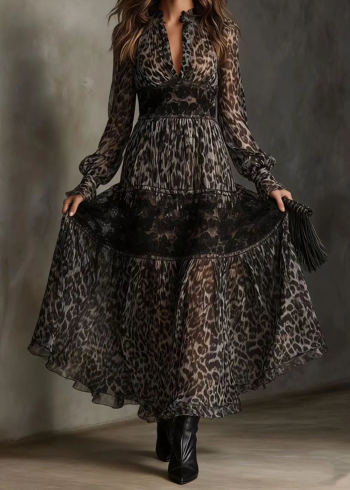 Boutique Leopard V Neck Print Lace Chiffon Ankle Dress Summer - Image 4