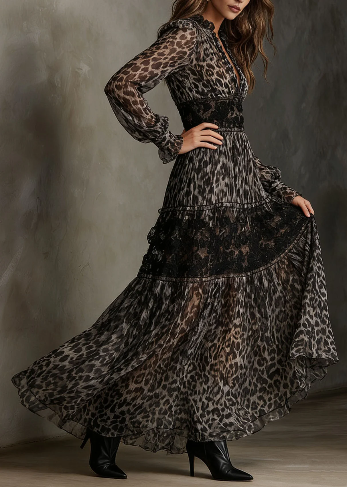 Boutique Leopard V Neck Print Lace Chiffon Ankle Dress Summer - Image 5