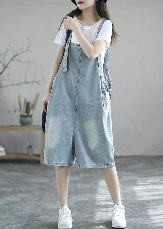 Boutique Light Blue Pockets Denim Half Jumpsuits Summer - Image 2