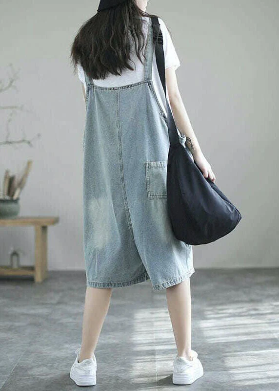 Boutique Light Blue Pockets Denim Half Jumpsuits Summer - Image 3