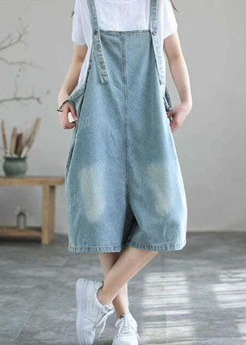 Boutique Light Blue Pockets Denim Half Jumpsuits Summer - Image 4