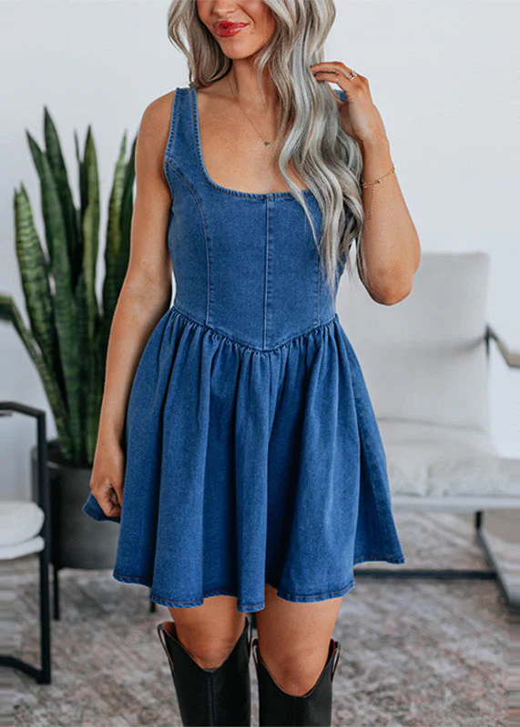 Boutique Light Blue U Neck Patchwork Denim Mid Dress Summer - Image 2