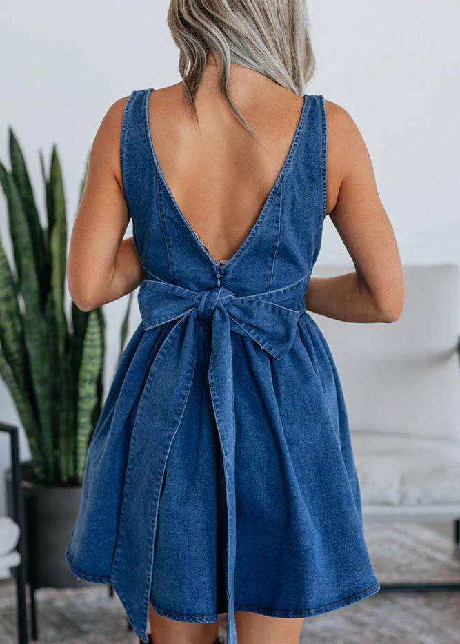 Boutique Light Blue U Neck Patchwork Denim Mid Dress Summer - Image 4