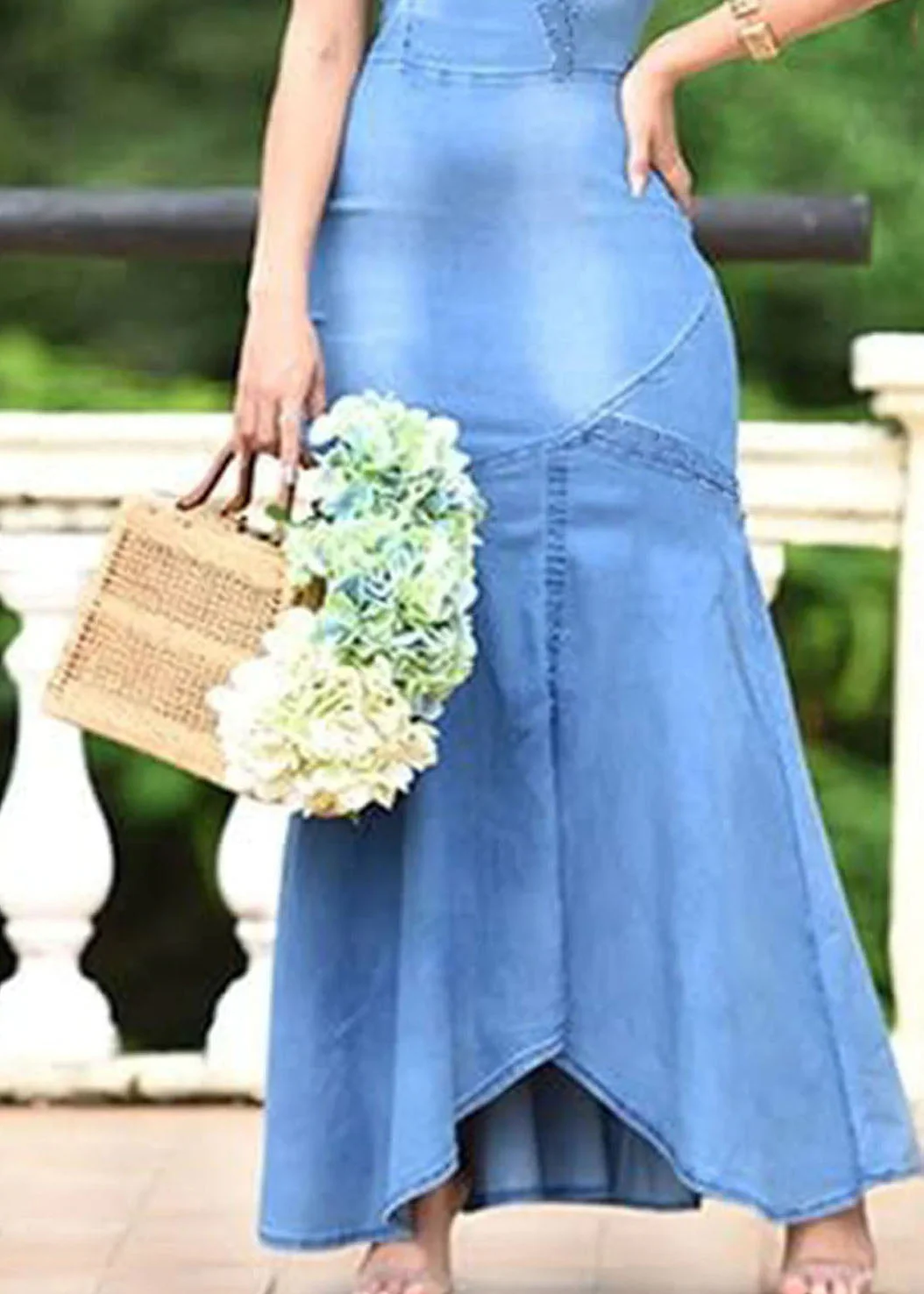 Boutique Light Blue V Neck Patchwork Slim Denim Dresses Summer - Image 3