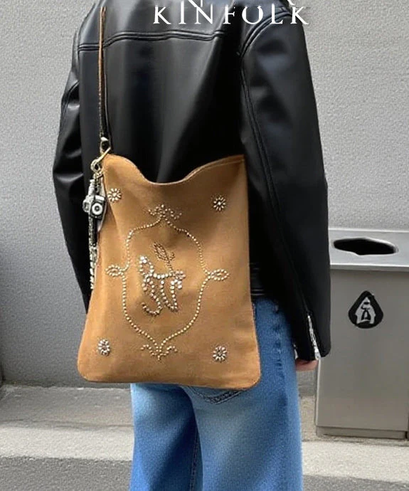 Boutique Light Camel Embroidered Large Capacity Suede Women Handbags - Image 2