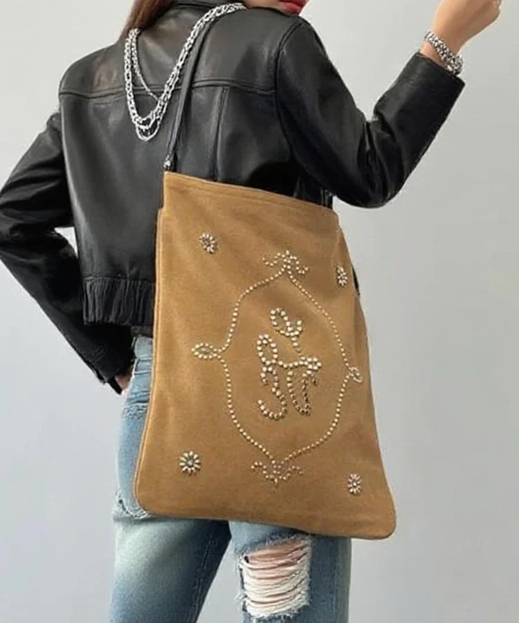 Boutique Light Camel Embroidered Large Capacity Suede Women Handbags - Image 3