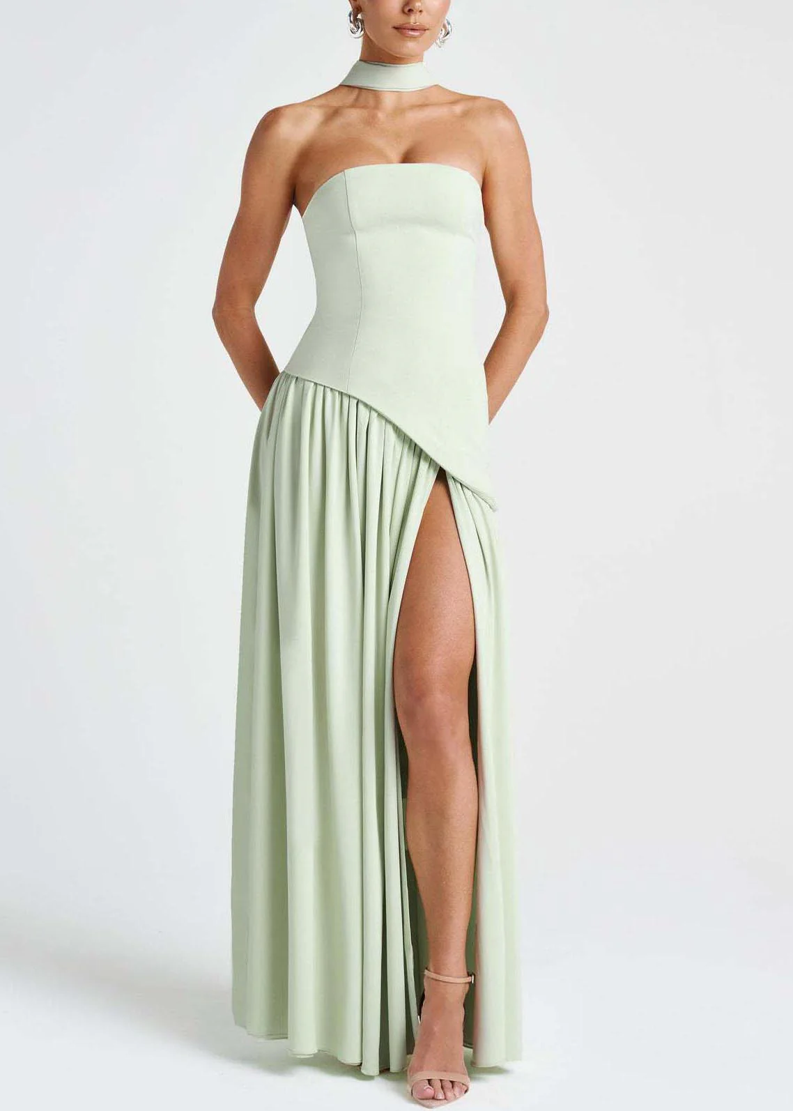 Boutique Light Green Side Open Scarf Strapless Dresses Summer - Image 2
