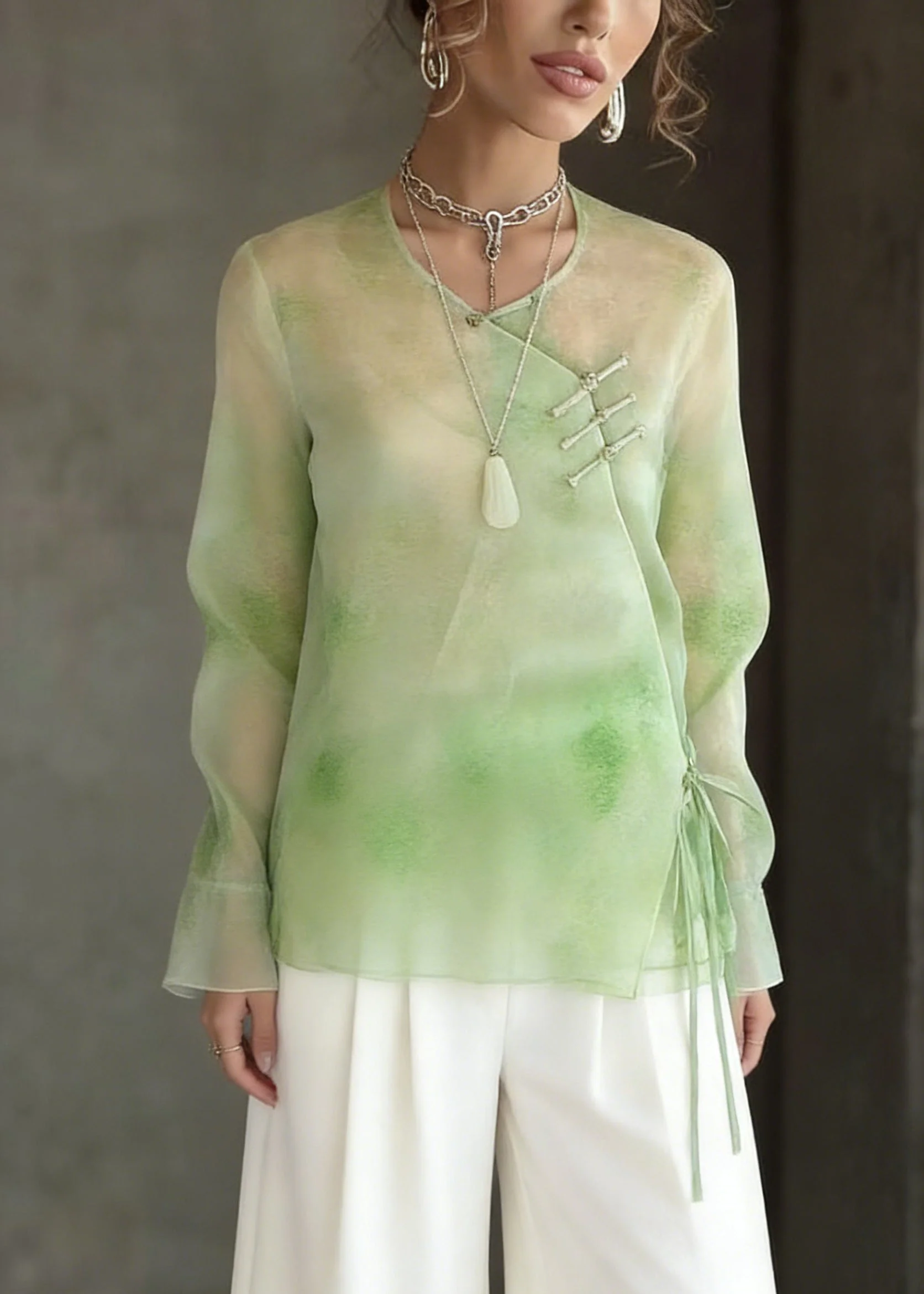 Boutique Light Green Tie Dye Tie Waist Silk Tops Flare Sleeve - Image 3