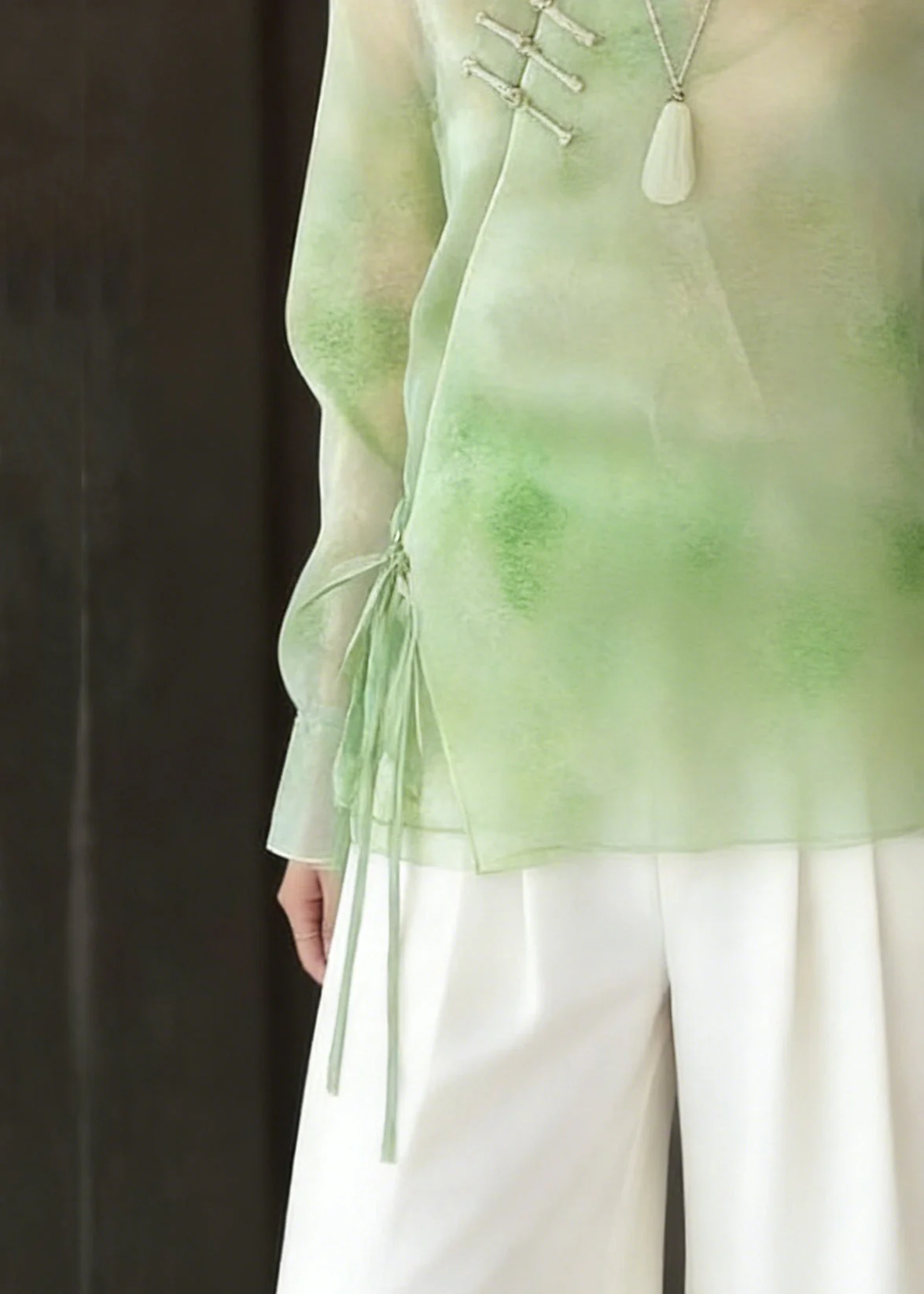 Boutique Light Green Tie Dye Tie Waist Silk Tops Flare Sleeve - Image 4