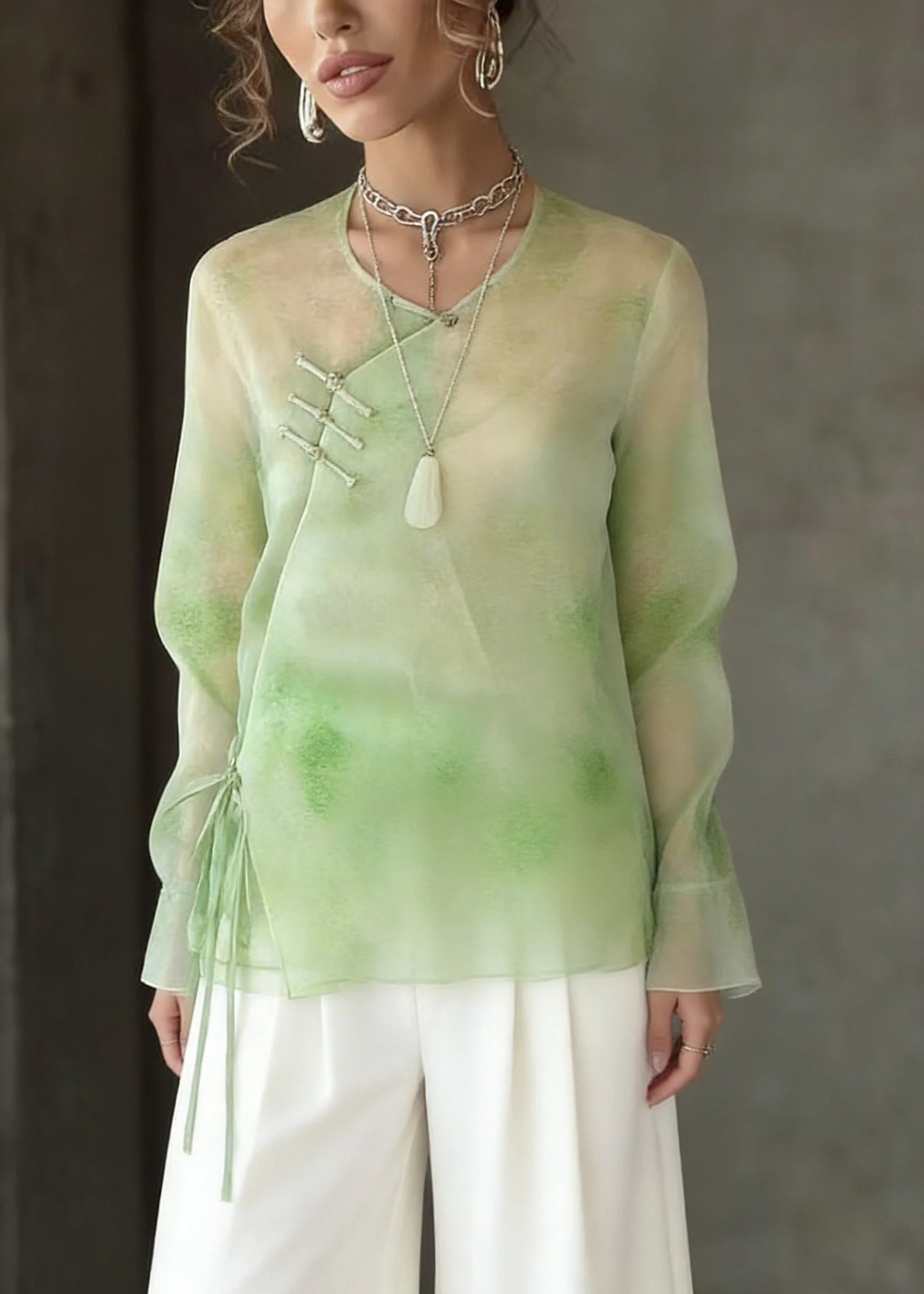 Boutique Light Green Tie Dye Tie Waist Silk Tops Flare Sleeve - Image 5