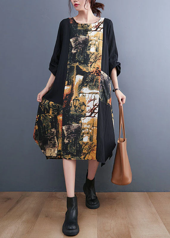 Boutique Light Yellow Patchwork Pockets Print Fall Long Sleeve Party Dress - Image 2