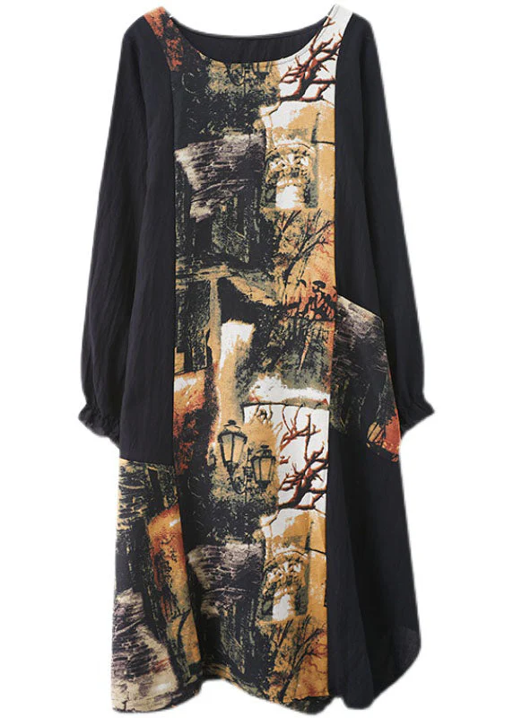 Boutique Light Yellow Patchwork Pockets Print Fall Long Sleeve Party Dress - Image 4