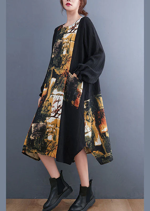 Boutique Light Yellow Patchwork Pockets Print Fall Long Sleeve Party Dress - Image 5