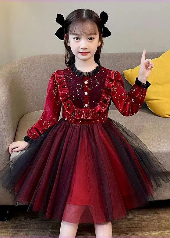 Boutique Mulberry Ruffled Patchwork Warm Fleece Baby Girls Dress Fall - Image 3