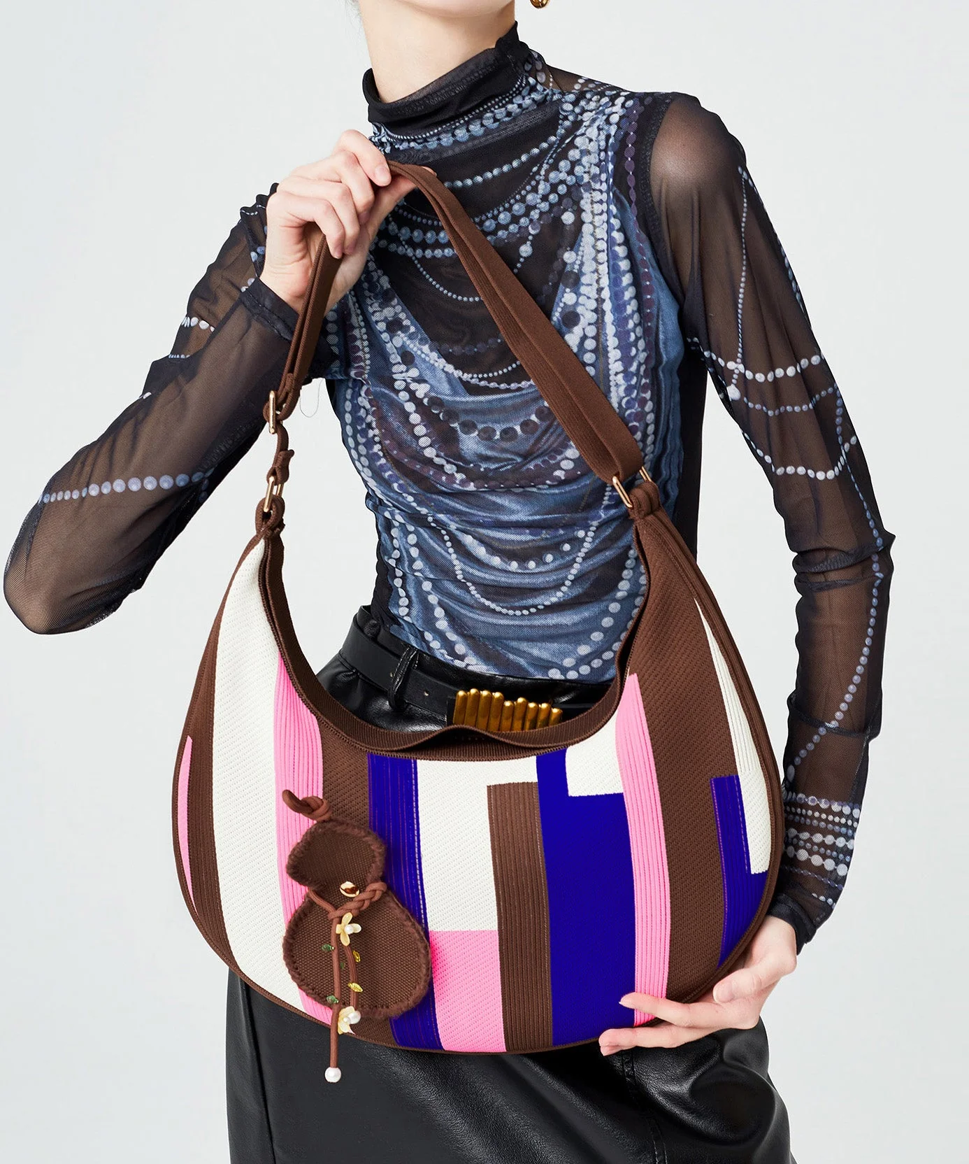 Boutique Multicolour Solid Durable Pendant Cotton Hobo Bag - Image 4