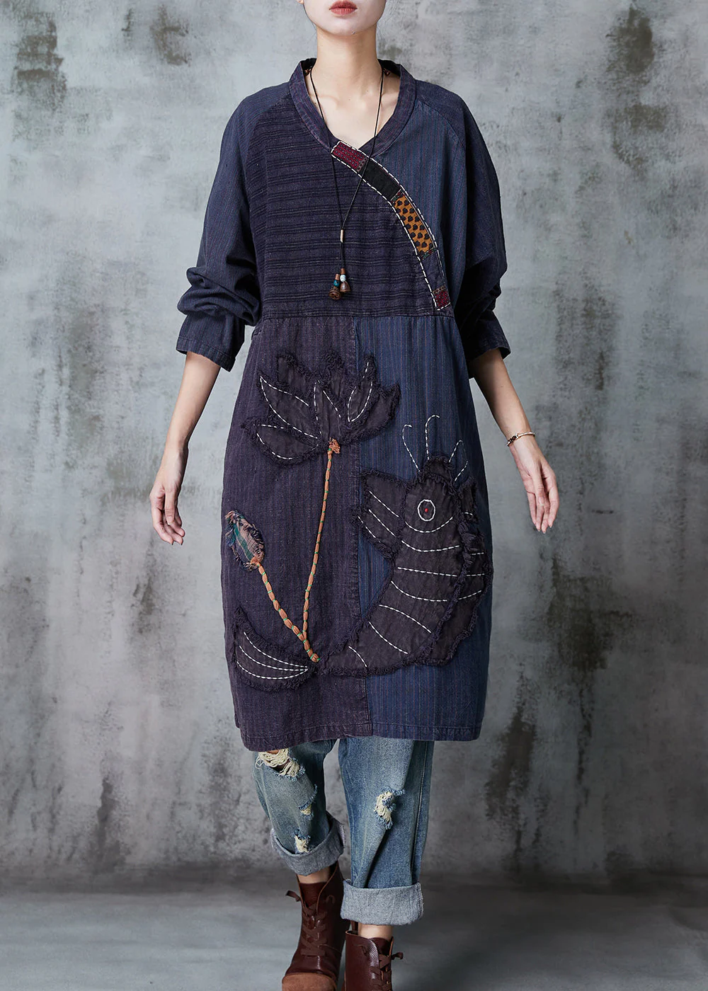 Boutique Navy Embroidered Patchwork Cotton Robe Dresses Spring - Image 2