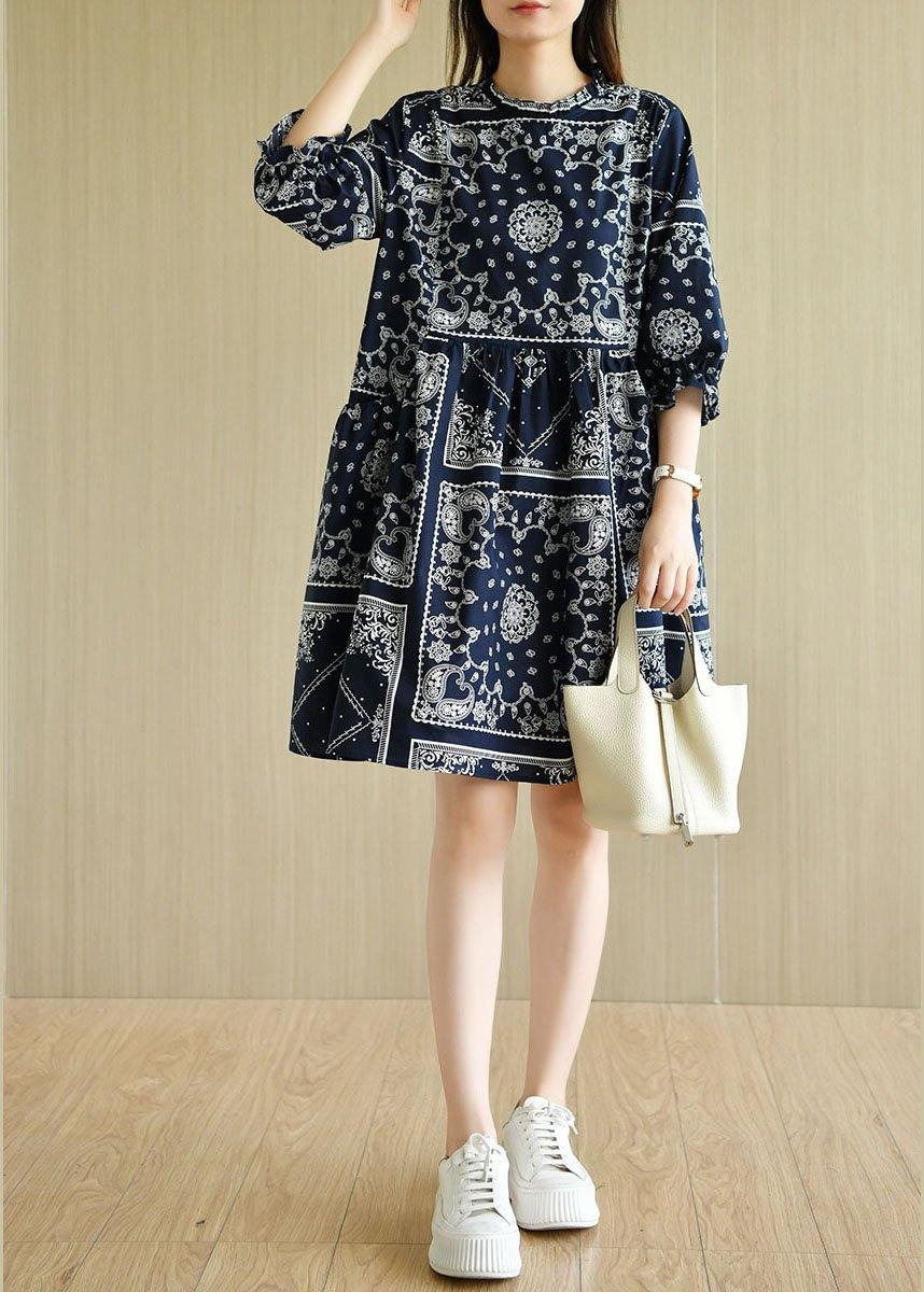 Boutique Navy Loose O-Neck Print Summer Cotton Dress Half Sleeve - Image 2