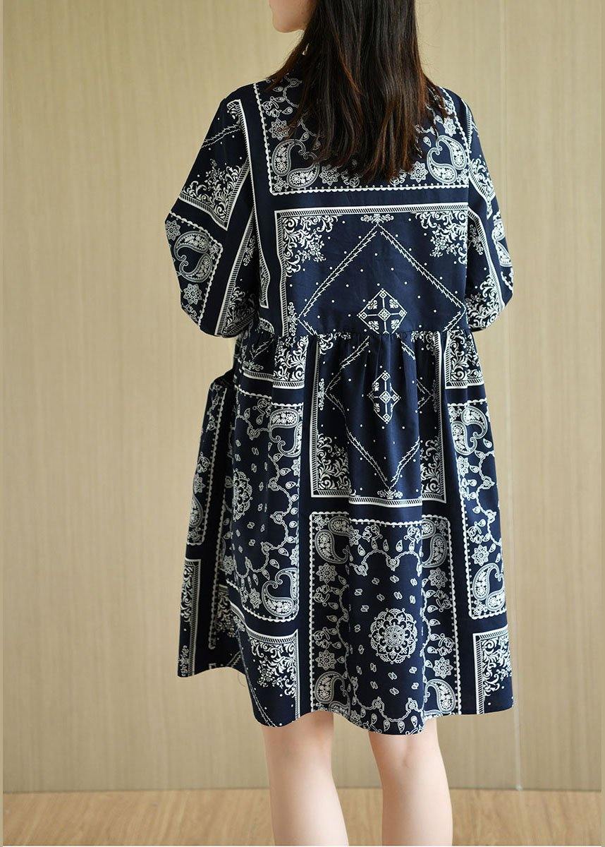 Boutique Navy Loose O-Neck Print Summer Cotton Dress Half Sleeve - Image 3