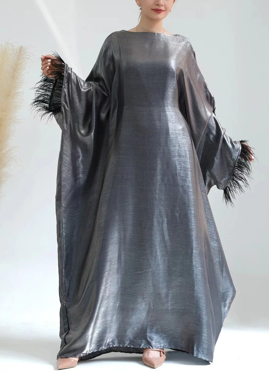 Boutique Navy O Neck Tassel Patchwork Silk Dresses Batwing Sleeve - Image 3