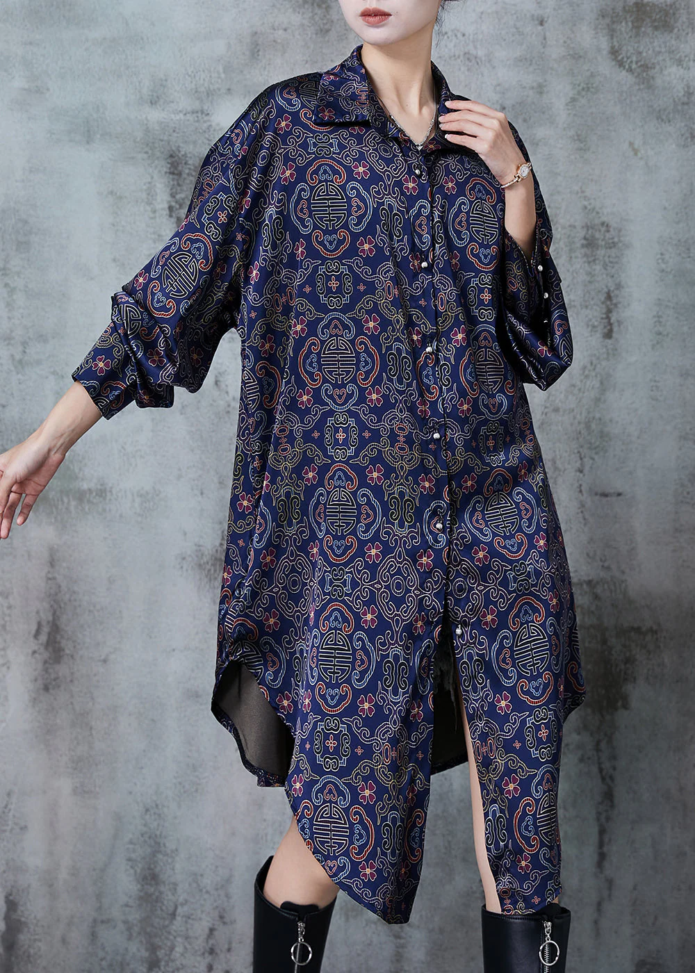 Boutique Navy Oversized Print Silk Shift Dress Spring - Image 2