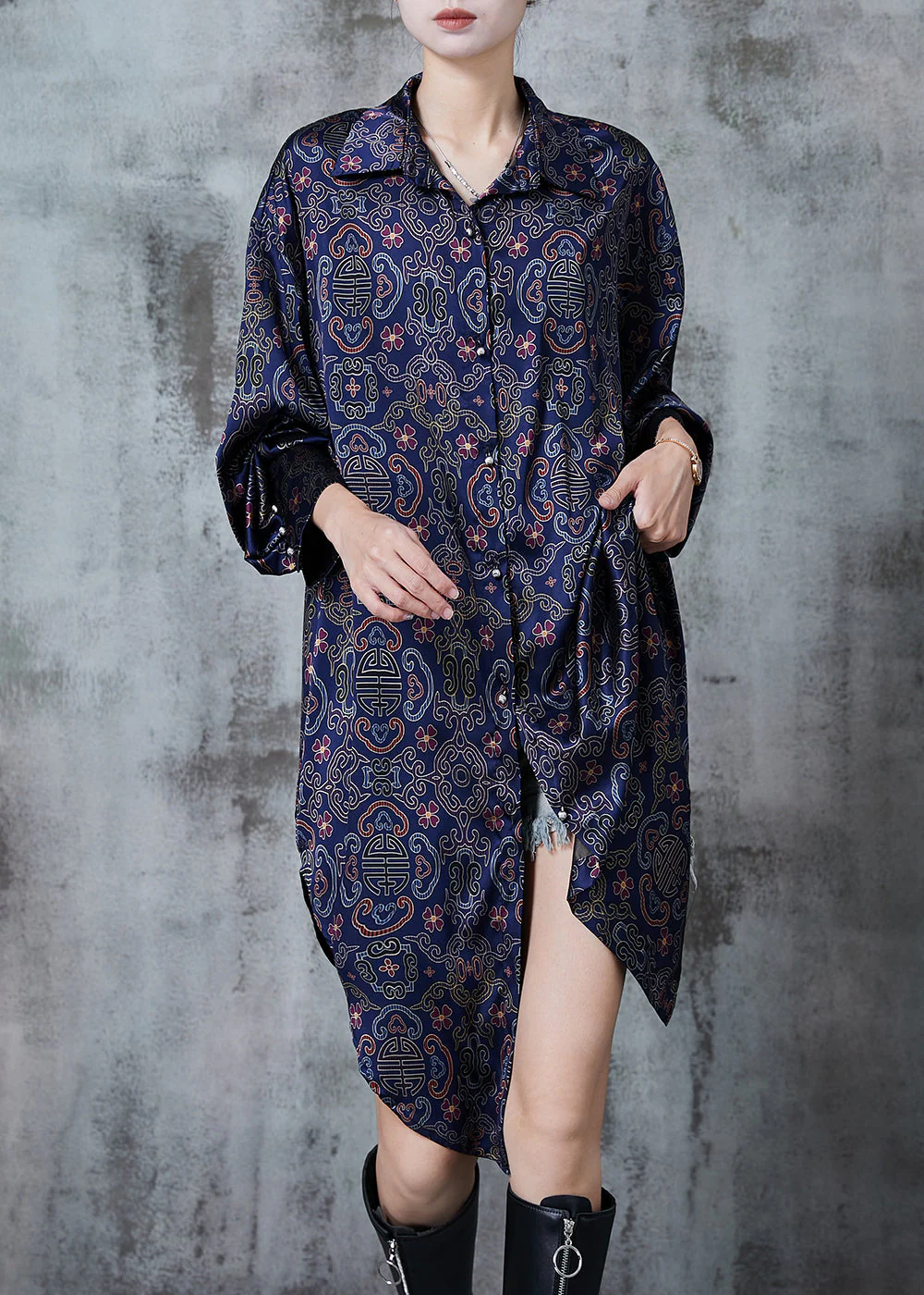 Boutique Navy Oversized Print Silk Shift Dress Spring - Image 3