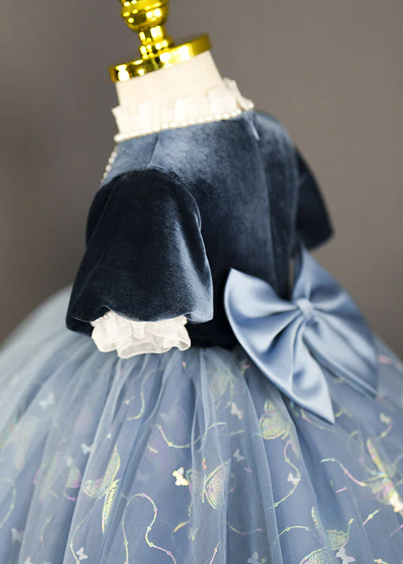 Boutique Navy Patchwork Tulle Girls Long Dresses Short Sleeve - Image 5