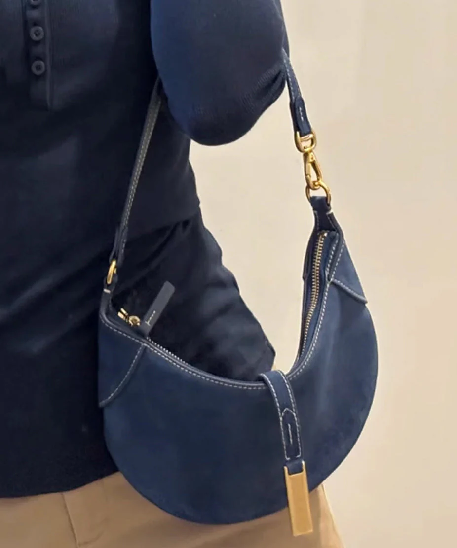 Boutique Navy Solid Durable Fine Suede Saddle Bag - Image 2