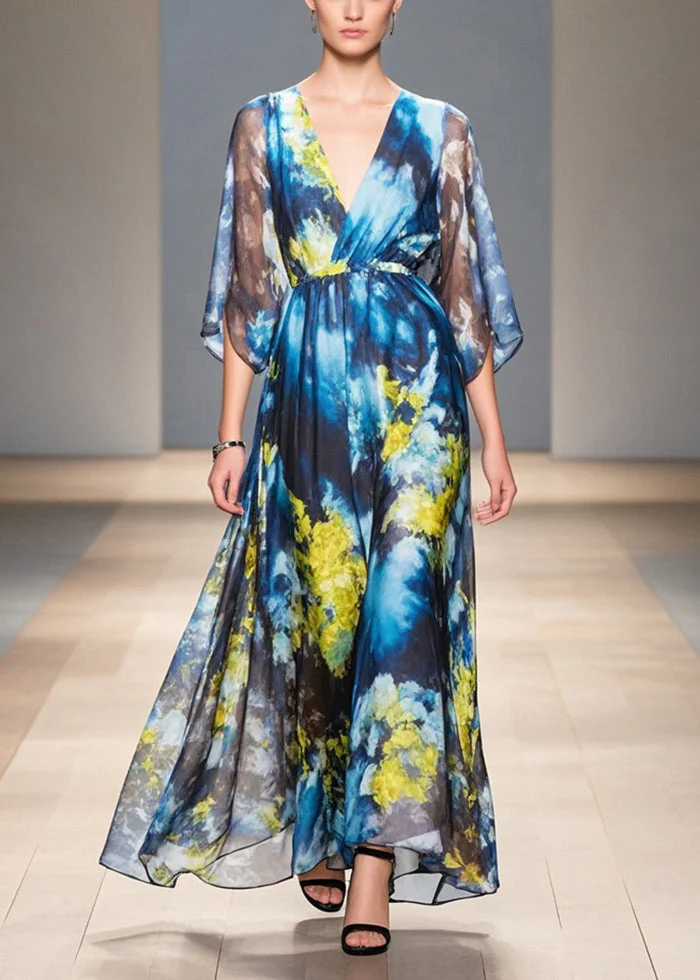 Boutique Navy Tie Waist Print Draping Chiffon Beach Dress Summer - Image 3