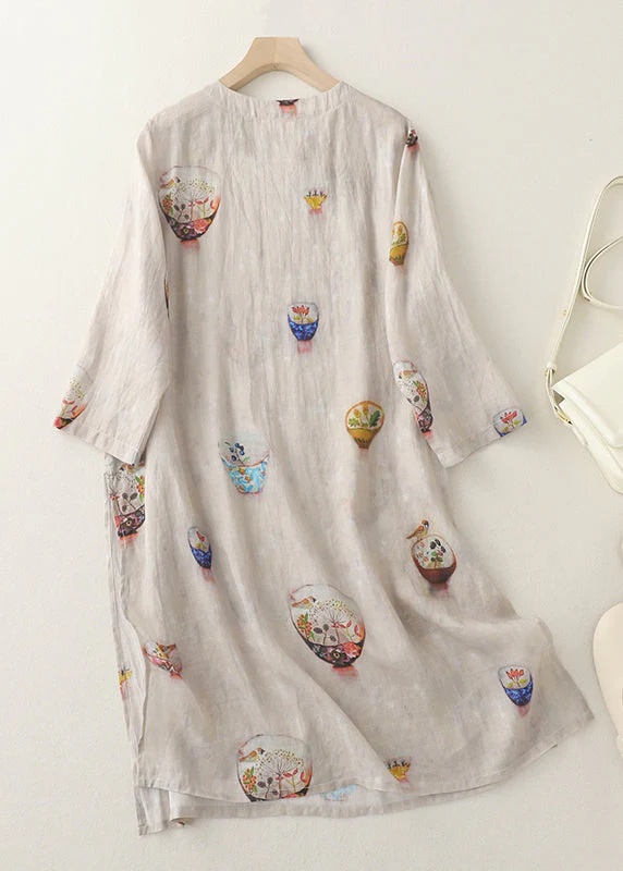 Boutique O Neck Print Side Open Linen Dress Bracelet Sleeve - Image 2