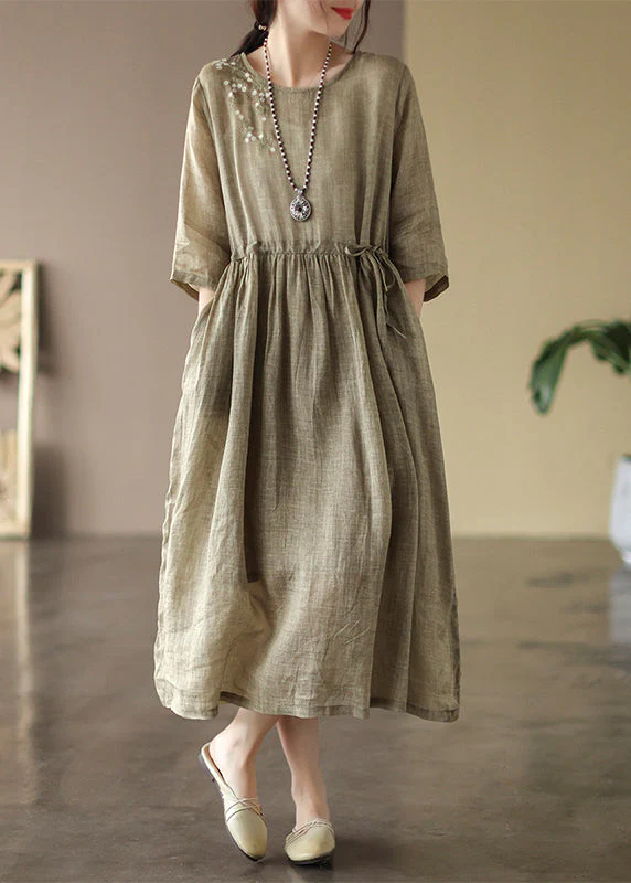 Boutique Orange O-Neck Cinched Patchwork Solid Linen Long Dress Summer - Image 2