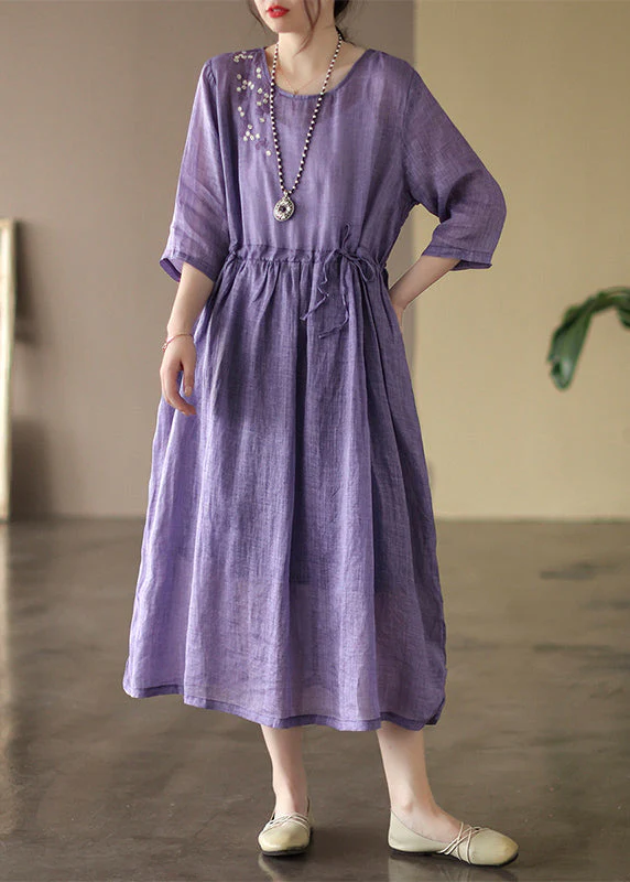 Boutique Orange O-Neck Cinched Patchwork Solid Linen Long Dress Summer - Image 3