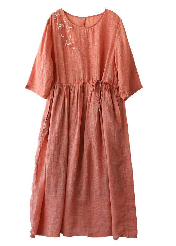 Boutique Orange O-Neck Cinched Patchwork Solid Linen Long Dress Summer - Image 5