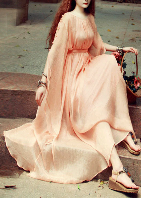 Boutique Orange Pink O-Neck Tie Waist Exra Large Hem Silk Robe Dresses Batwing Sleeve - Image 2